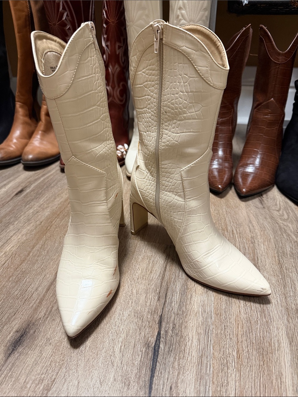 Chinese Laundry Cream Croc-Embossed Pointed Toe Mid-Calf Boots with Block Heel